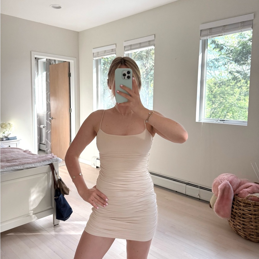 Oh Polly Cream Ruched Bodycon Mini Dress